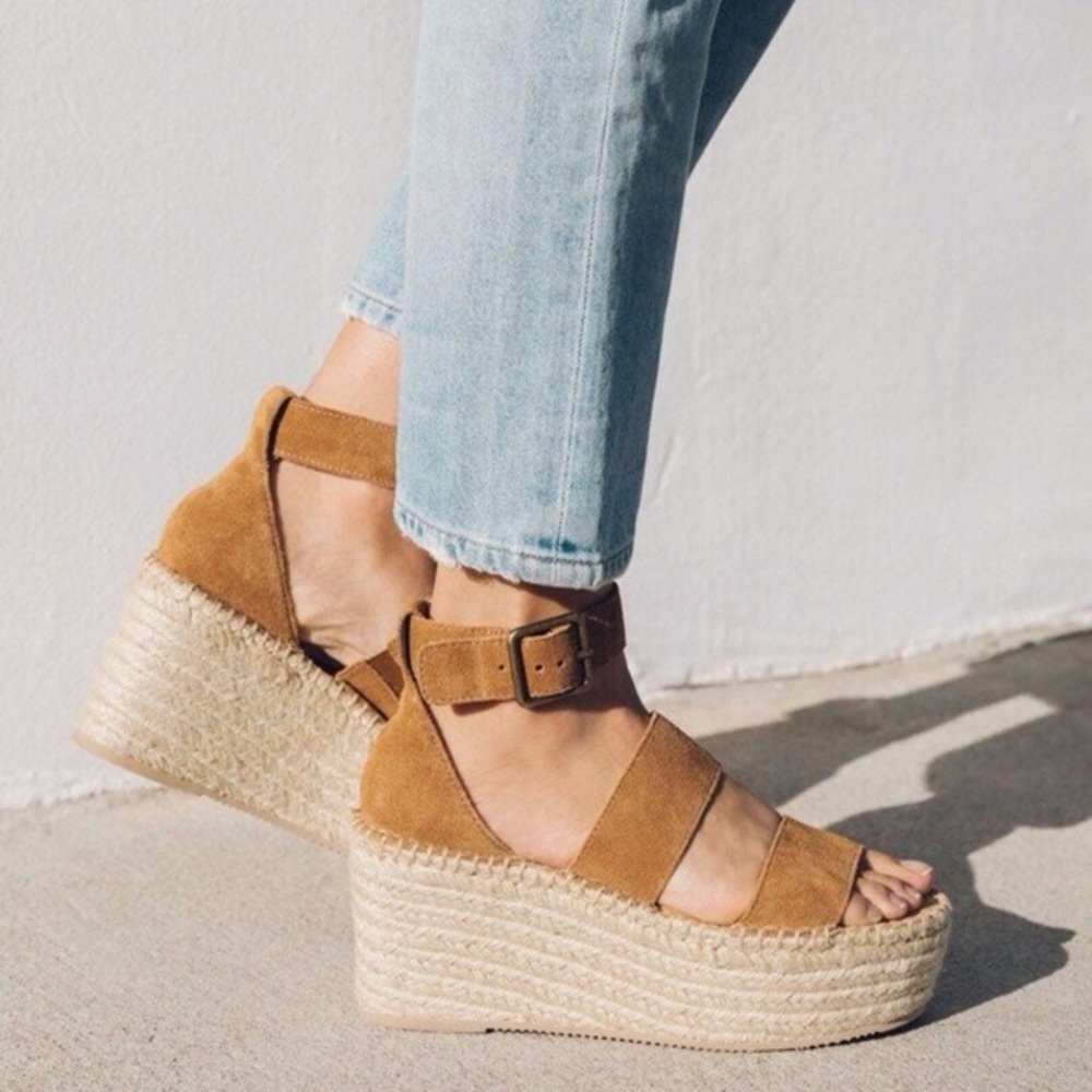 SOLUDOS Palma Brown Suede Leather Espadrille Platform Ankle Strap Wedge Sandal